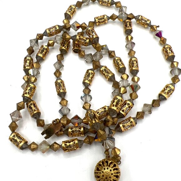 Vtg Double Strand 18" Beaded Necklace GoldTone AB Crystal Bicone Filigree Tubes - Picture 7 of 8